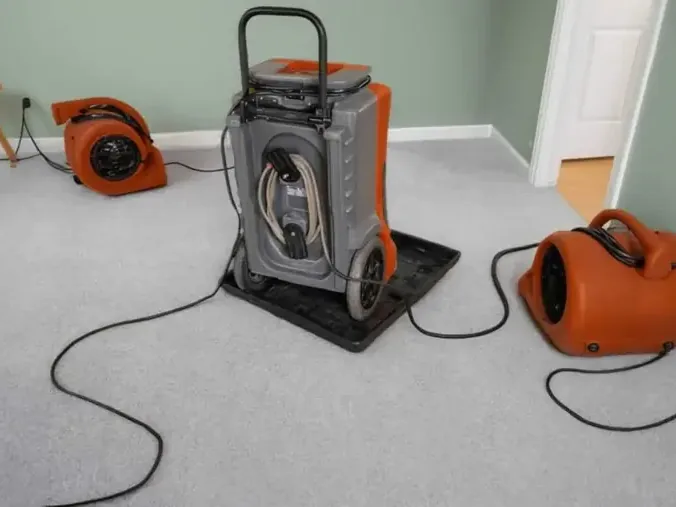 A dehumidifier and two air movers drying a carpeted bedroom after a leak