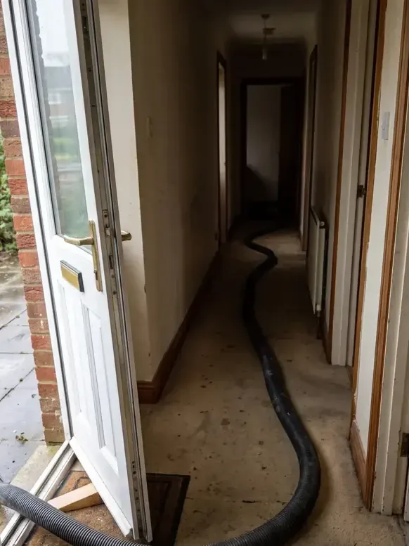 Extraction hose run in through the front door of a home with standing water