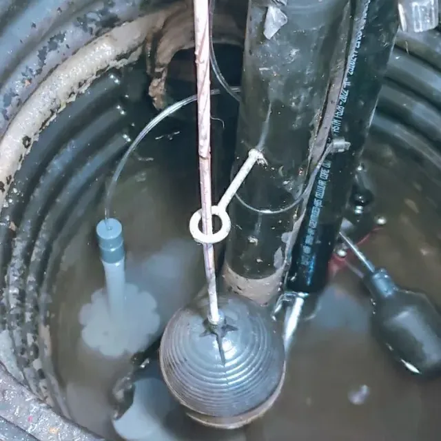 Sump pit filled to the brim around the pump and its float switch
